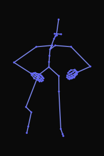A person standing bends to a crouched position and begins to walk forward, turning around and then returning to the starting point.