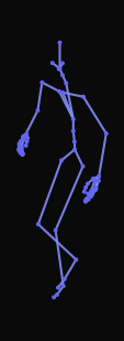 A person standing waves their right arm behind, turns forward, talks and gestures with a child, turns over their right shoulder, and runs forward.