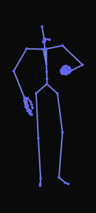 A person standing with their arms raised sideways lowers them and begins walking forward before bending down to pick up an object and walking forward again, stopping and raising their arms sideways once again.