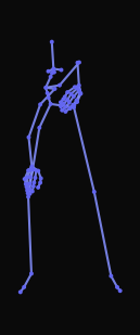 An upright person bends forward and stretches their right hand to reach far at torso level, then lowers it down and stands upright.
