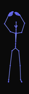 A person does a yoga warrior pose, lunging forward with arms extended overhead