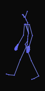 An upright person walks towards right in an arc, then turns left to wave their right hand, and then turns right and slightly raises their right arm to point at something.